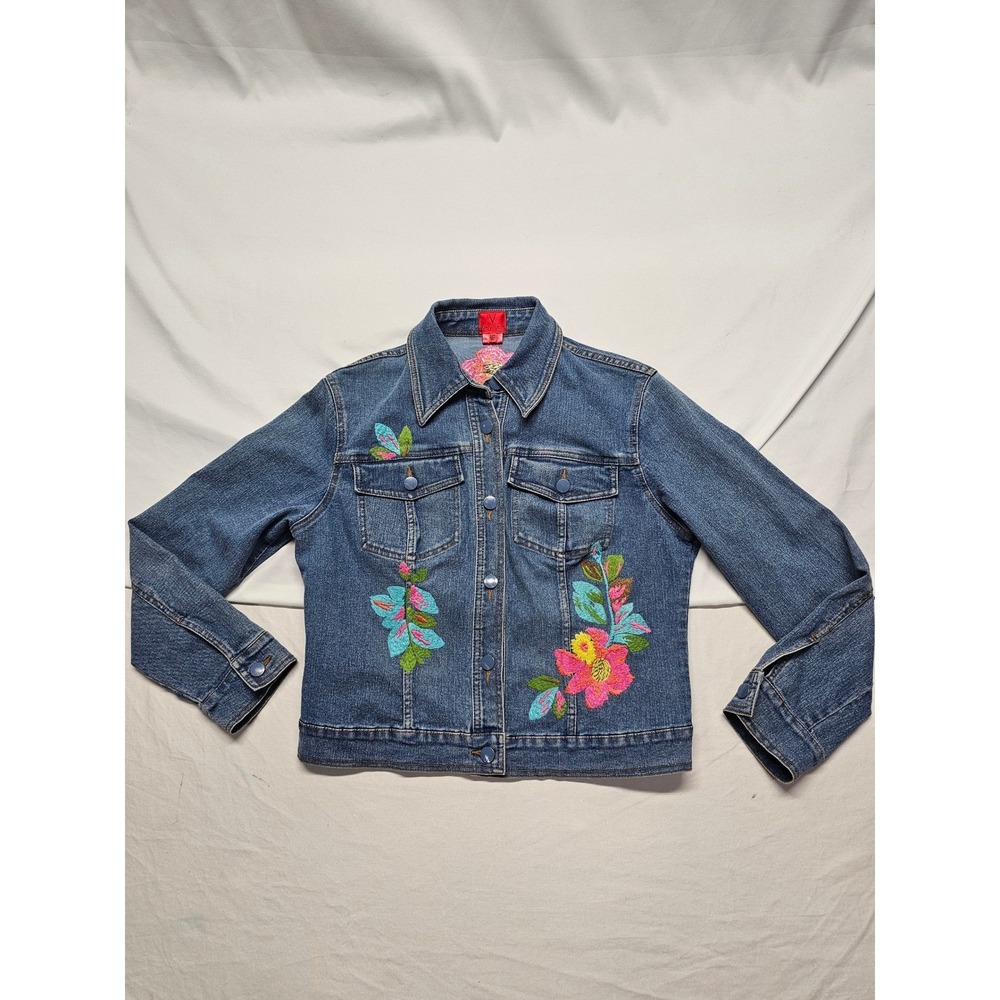 Very Vera Floral Embroidered Denim Jacket Medium Wash Blue Stretch Size MP